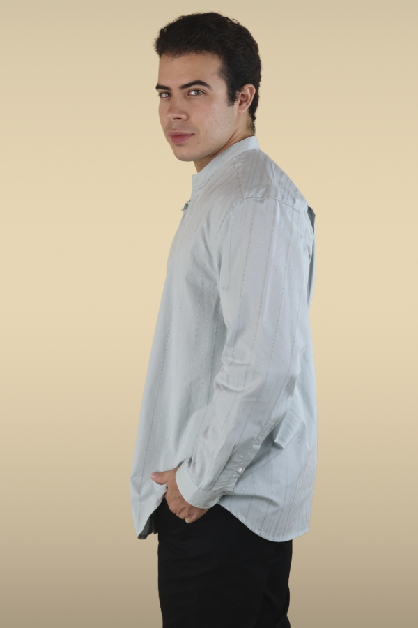 Camisa Hombre Cuello Mao Manga Larga Verde Manzana Estilo Túnica Con Rayas